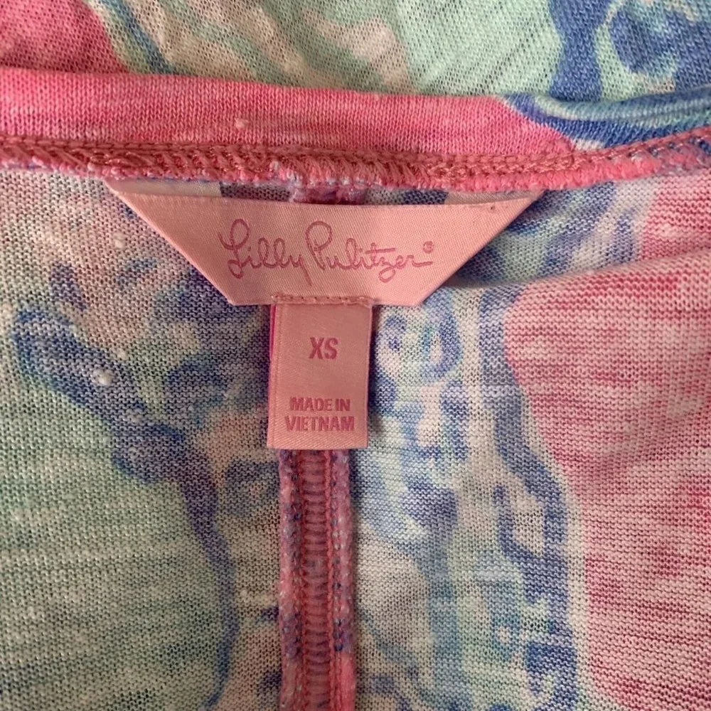 Lilly Pulitzer Mikela Top Pink Pout Barefoot Princess Blue SHELLS 100% Linen XS
